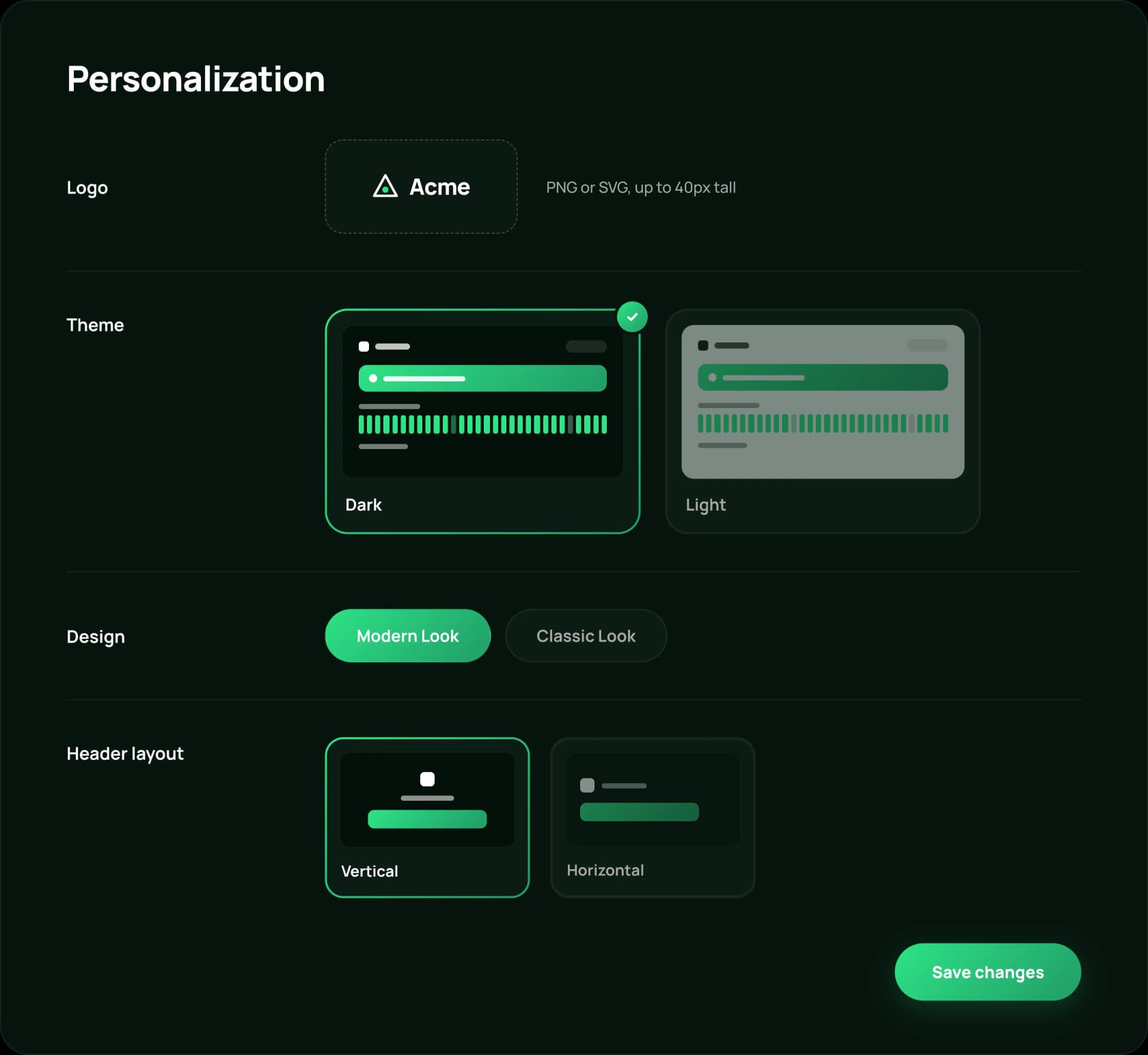 Statixoup status page personalization settings with logo, theme, design and layout options